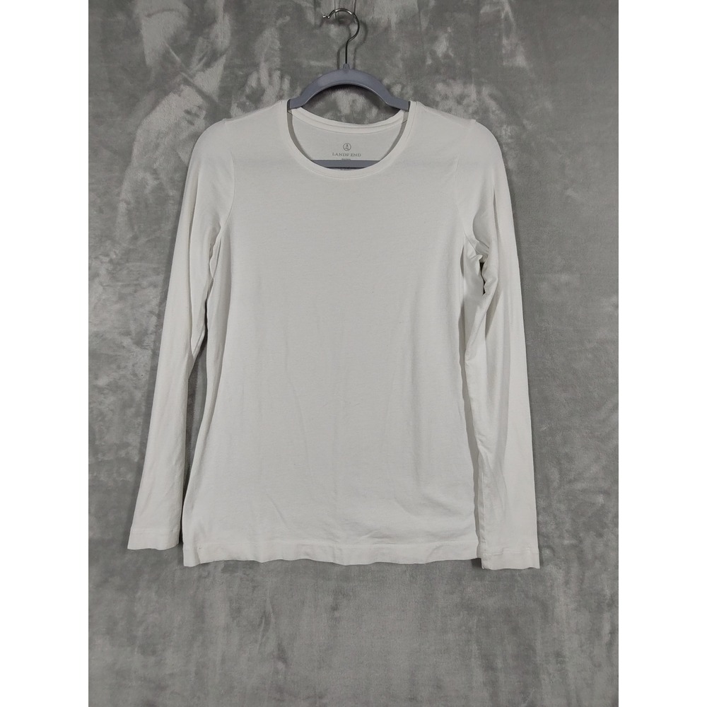 Lands End Women White Fitted Long Sleeve Crew Neck T-Shirt Cotton Blend XS 2-4